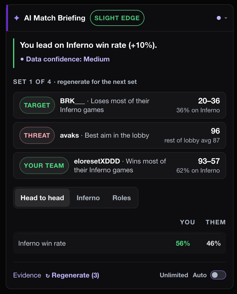 FACEIT Extender 0.5.8 的 AI 简报，包含队伍对比和地图建议