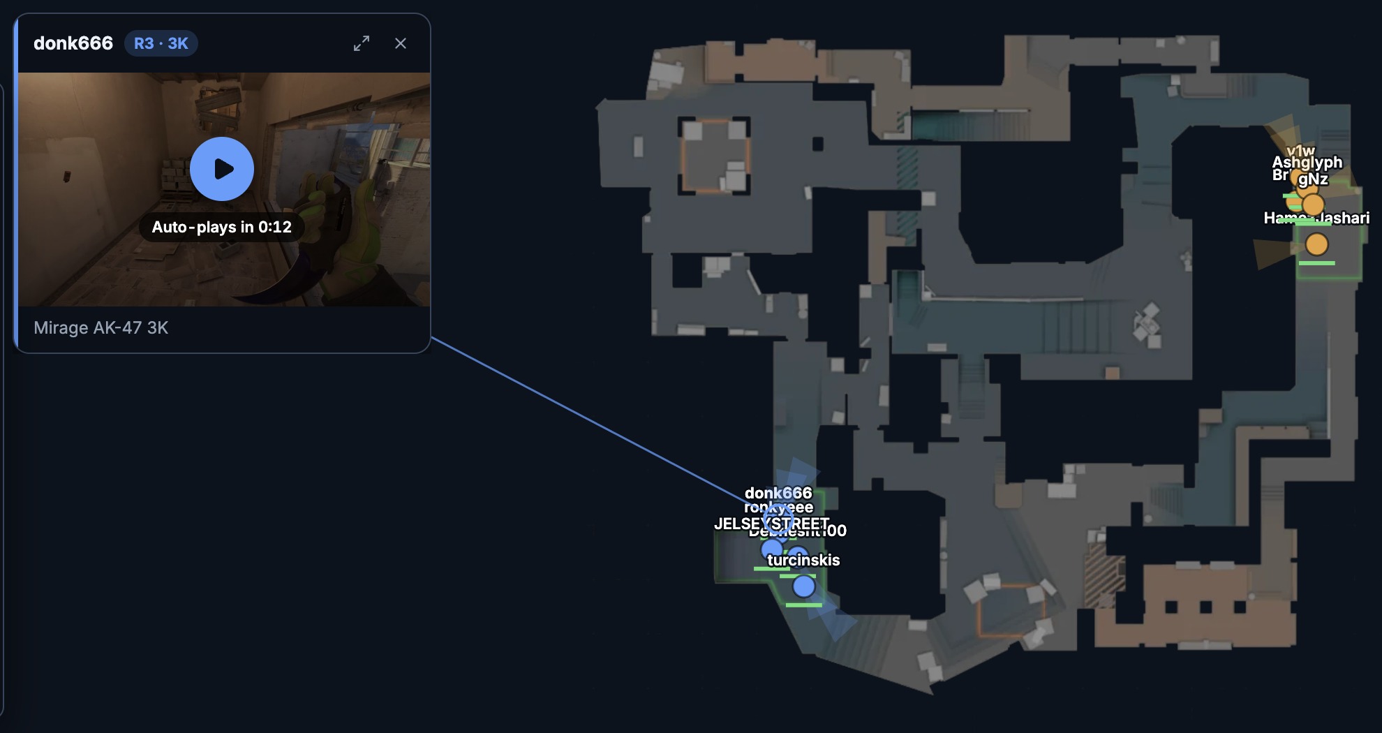 2D demo 回放：地图旁边同步播放 FACEIT 精彩片段